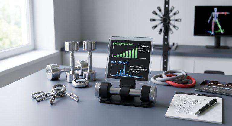 A precision research dynamometer visualizing data comparing resistance training protocols for hypertrophy (green bars, volume focus) vs. strength (blue spikes, neural frequency focus), set on a grey lab table with minimalist training equipment.