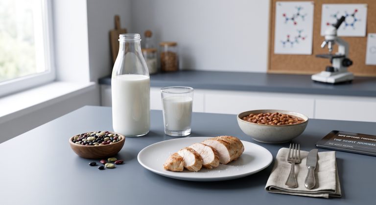 Clean whole-food protein sources including sliced grilled poultry breast, whole milk, and nutrient-dense legumes arranged on a table for muscle protein synthesis.